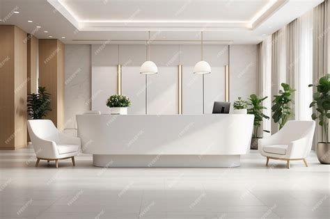 A rendering of a hotel lobby with a white reception desk and chairs ar ...