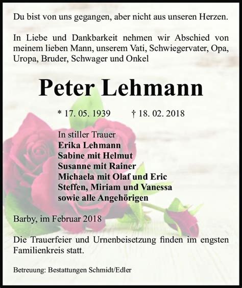 Traueranzeigen Von Peter Lehmann Abschied Nehmen De