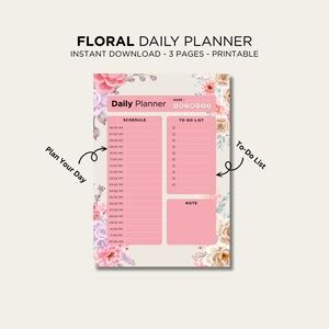 Minimal Floral Daily Planner Printable Hourly Adhd Time Blocking