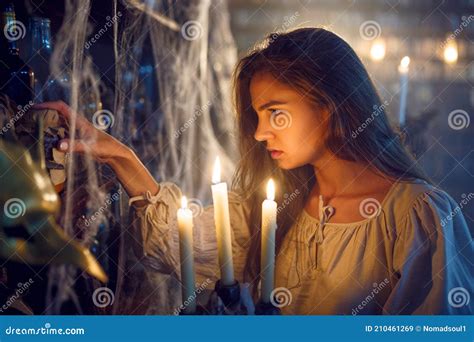 Crazy Demonic Woman With Candle Choosing Potions Stock Image Image Of