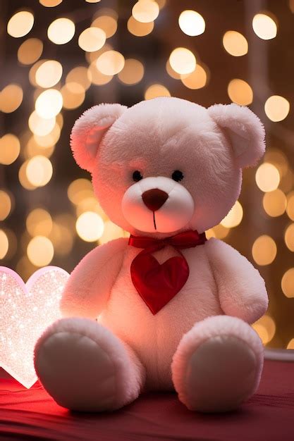 A Teddy Bear With A Heart On A Table With Lights In The Background And