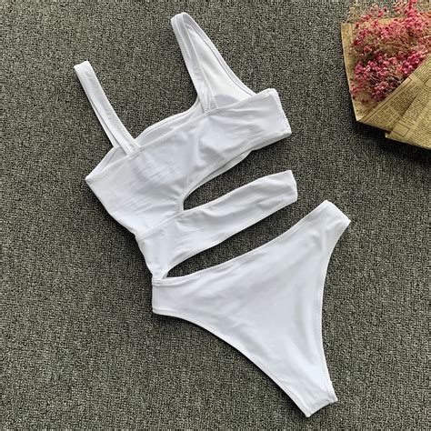 New Sexy White One Piece Swimsuit Women Cut Out Swimwear Push Up