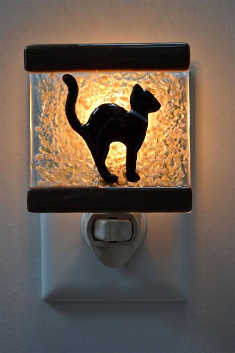 Black Cat Fused Glass Night Light Cat Night Light With Brown Etsy Night Light Fused Glass