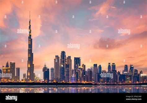 Stunning Panoramic View Of The Illuminated Dubai Skyline During A