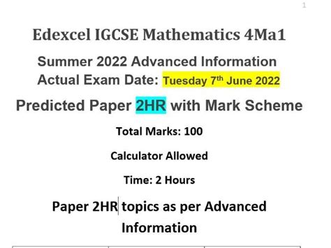 Edexcel Igcse Maths June Predicted Paper Hr Advanced Information