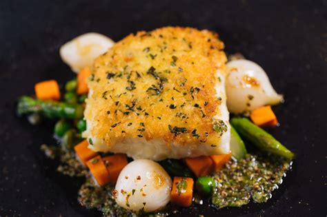 Panko And Herb Crusted Halibut With Spring Vegetables And Meyer Lemon Vinaigrette Sequoia