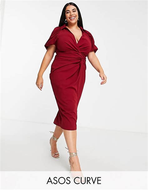 Asos Design Curve Shirt Knot Detail Wrap Midi Dress In Red Asos