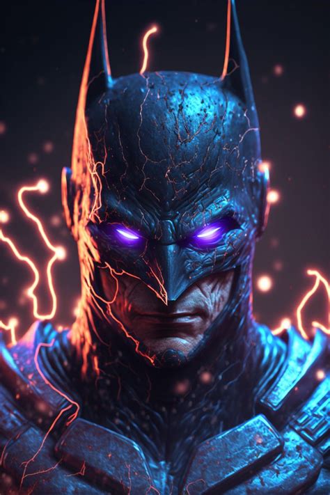 A Batman Character With Glowing Blue Eyes And Lightning Behind Him In