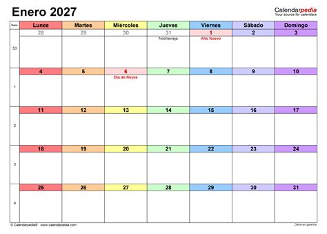 Calendario enero 2027 en PDF, Excel y Word | Calendarpedia