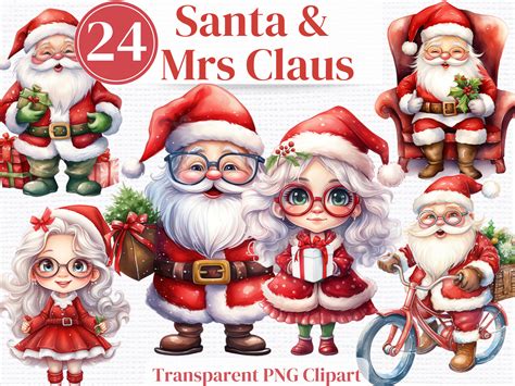 Santa Mrs Claus Christmas Png Clipart Watercolor Winter Etsy