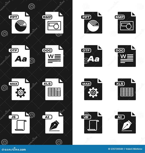 Set Doc File Document Otf Ppt Bmp Max Xls Ai And Js Icon Vector