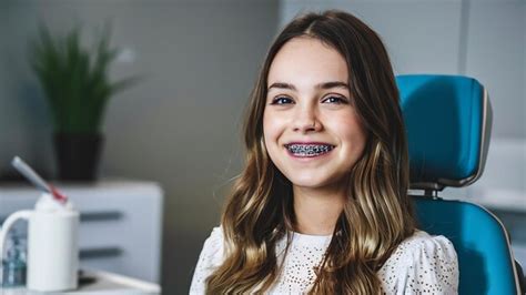 Premium Photo Beautiful Girl With Braces Smiles In Dentistry