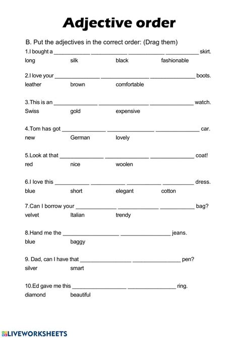 Order Of Adjectives Worksheets