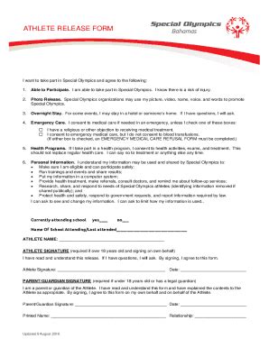 Fillable Online Athlete Release Form Special Olympics Bahamas Fax