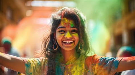 Premium Photo Beautiful Happy Indian Woman Celebrates Holi With