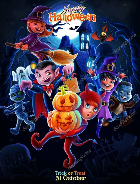 Cartel de fiesta de Halloween con niños disfrazados de monstruos