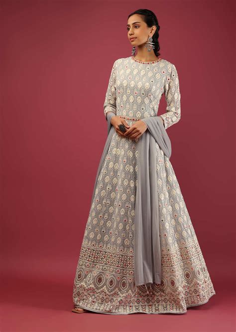 Buy Powder Green Anarkali Suit In Georgette With Lucknowi Thread