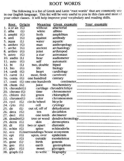 Latin Science Root Worksheet