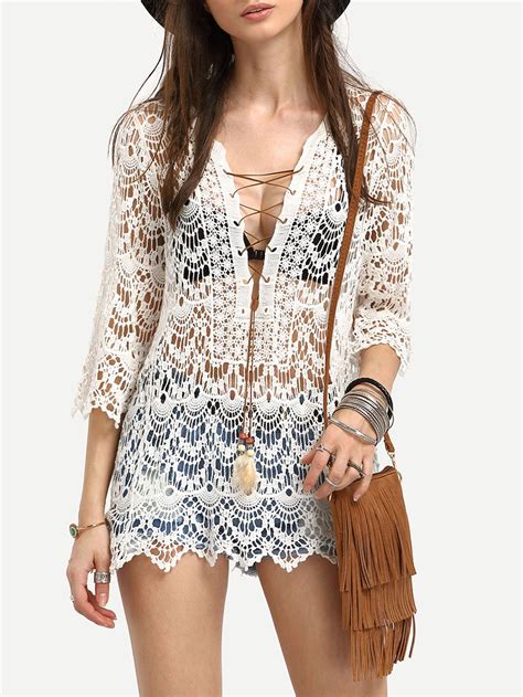 Shop Crochet Lace Up Cover Up Blouse Online Shein Offers Crochet Lace