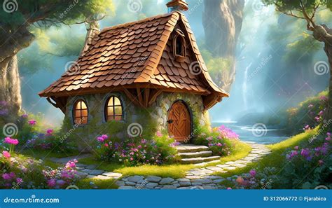 Illustrated Fairy House in the Forest Stock Illustration - Illustration ...