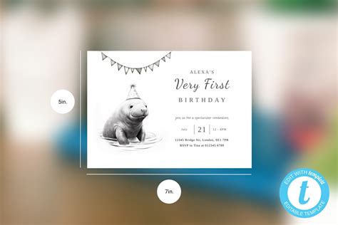 Baby Manatee Birthday Party Invitation Instant Digital Download