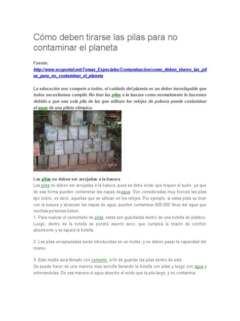 Cómo Deben Tirarse Las Pilas Para No Contaminar El Planeta Pdf Residuos Vertedero