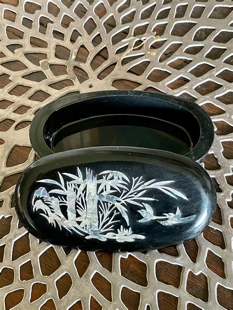 Black Lacquer Box Abalone Shell Inlay Trinket Box Asian Decor Bamboo