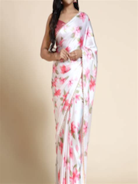 Buy AVANSHEE Peach Coloured Off White Printed Floral Satin Saree