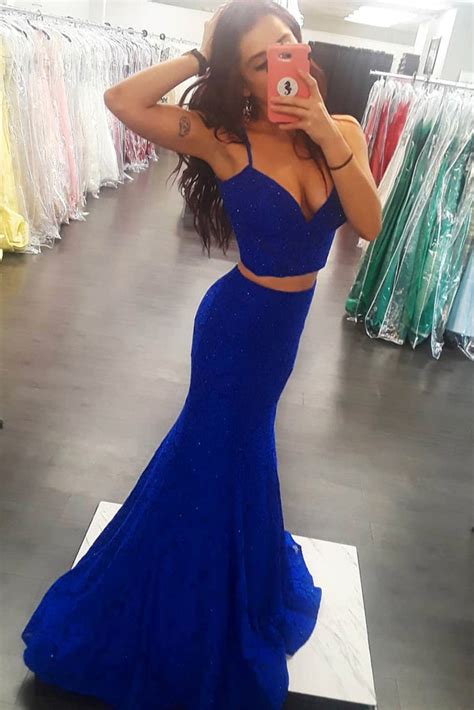 Shiny Two Pieces Mermaid Royal Blue Long Prom Dresses Two Pieces Roya