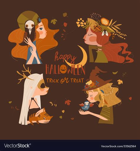 Four beautiful halloween witches on brown Vector Image