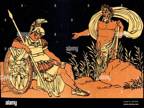 vintage illustration roman mythology aeneas  tiber aeneid  latin