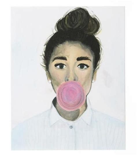 A Painting Of A Woman With A Pink Bubble In Her Mouth Wearing A White