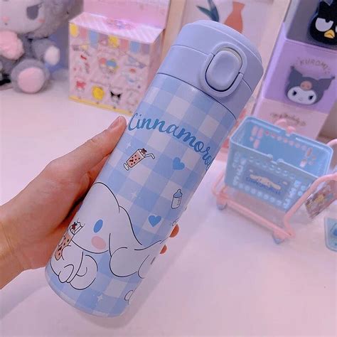 Sanrio Kawaii Thermos Cup Hello Kitty Water Bottles Cinnamoroll Anime Cartoon Portable Plaid