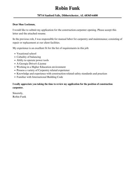 Construction Carpenter Cover Letter Velvet Jobs