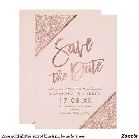 Rose Gold Glitter Script Blush Pink Save The Date Card Glitter Wedding