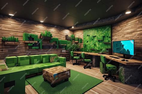 Premium Photo | Minecraftthemed Gaming Room interior mockups with blank copy space