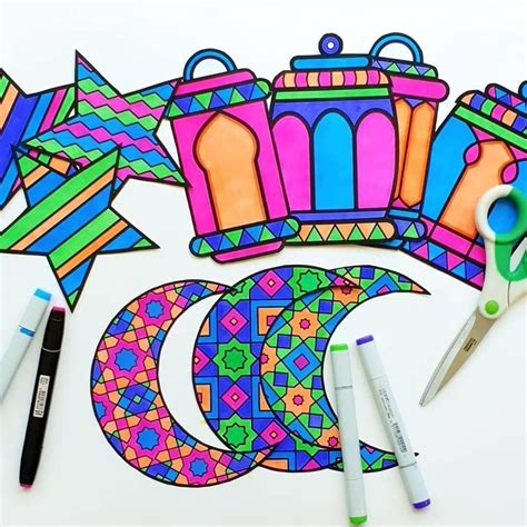 Printable Ramadan Banner With Moons Stars And Lanterns Diy Decorations