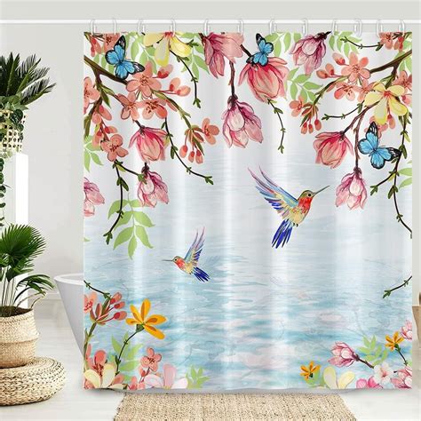 Joocar Spring Hummingbird Shower Curtain Pink Blossom Floral Birds