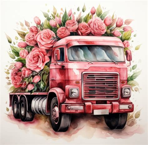 Premium Photo Watercolor Truck With Red Roses On It And Green Roses