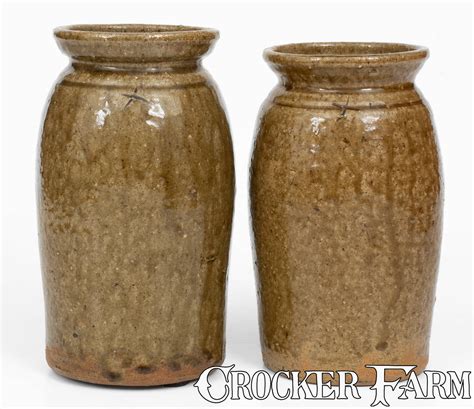 Pair Of Alkaline Glazed Stoneware Canning Jars Incised X Catawba