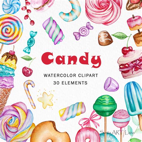 Candy Watercolor Clipart Rainbow Sweets Clip Art Chocolates Abd ...