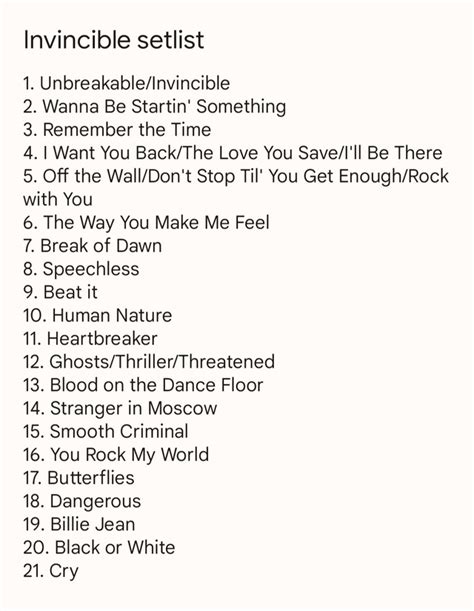 Invincible World Tour Setlist : r/MichaelJackson