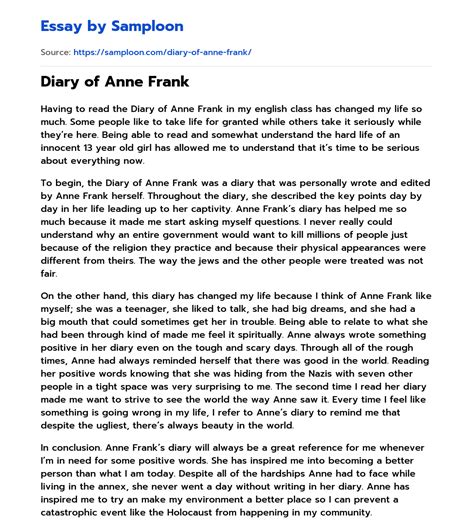 Diary of Anne Frank Free Essay Sample on Samploon.com