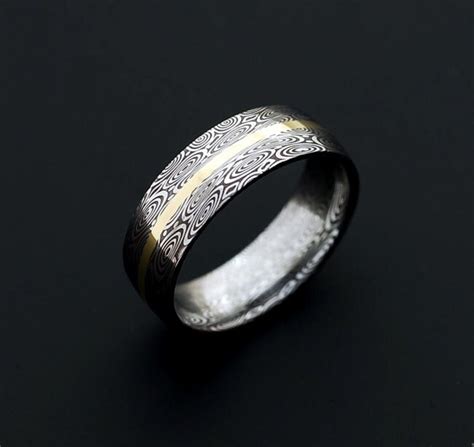 Genuine Stainless Damascus Steel And 18k Yellow Gold Mens Ring Etsy