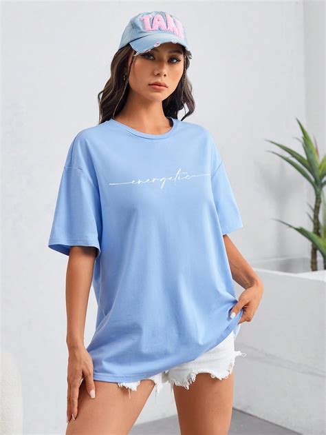 Shein Ezwear Camiseta Amplia Con Estampado De Letra De Hombros Ca Dos