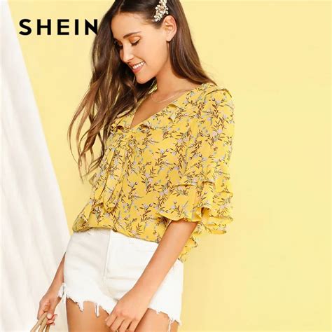 SHEIN Yellow Ditsy Floral Tie Neck Layered Flounce Sleeve Summer Blouse