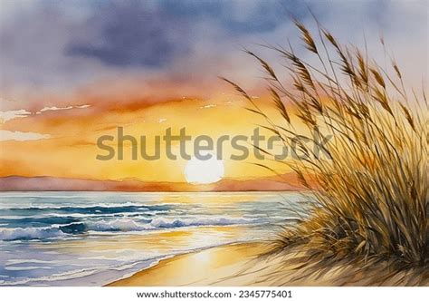 Hand Drawn Watercolor Painting Sunset Beach Stock Illustration ...