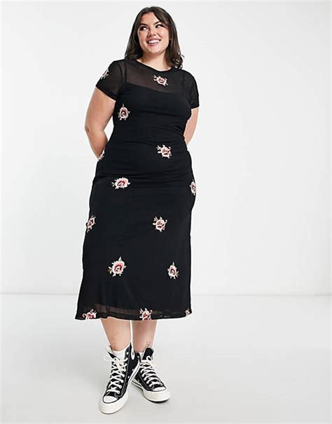 Asos Design Curve Mesh Midi Dress With Floral Embroidery In Black Asos