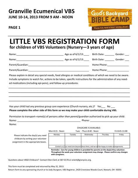 Little Vbs Registration Forms 2013 Pdf