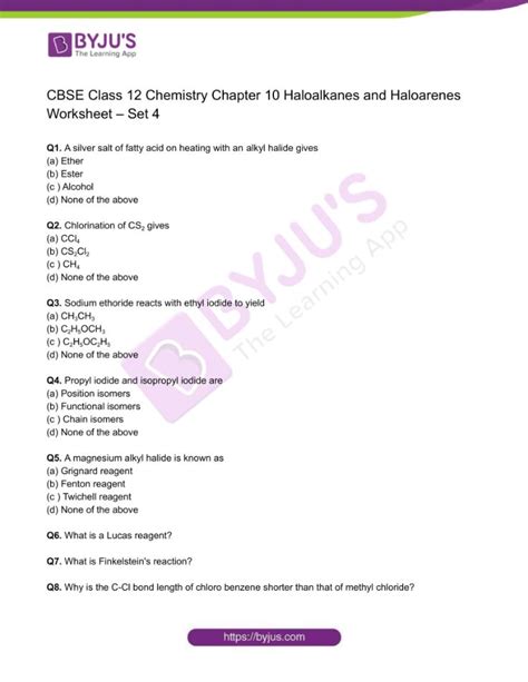 Class 12 Chemistry Worksheet On Chapter 10 Haloalkanes And Haloarenes